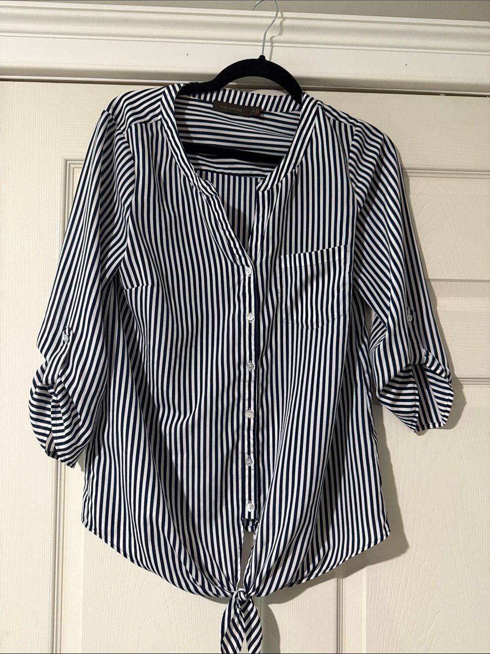 The Limited Navy & White Striped Button-Front Tie Hem Shirt